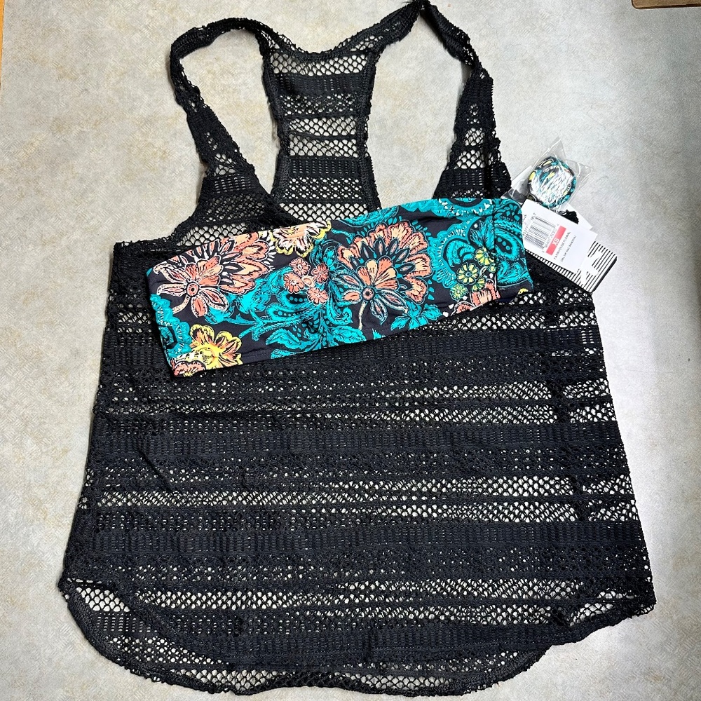 Splendid Farmhouse Floral 2 Pc Strapless Bandeau Bikini Top Swimsuit + Cover XS